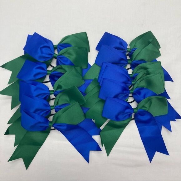 12 Hair Bows Blue Green 7” for Cheerleading Dance Gymnastics Team Pony Tail New - Picture 1 of 7